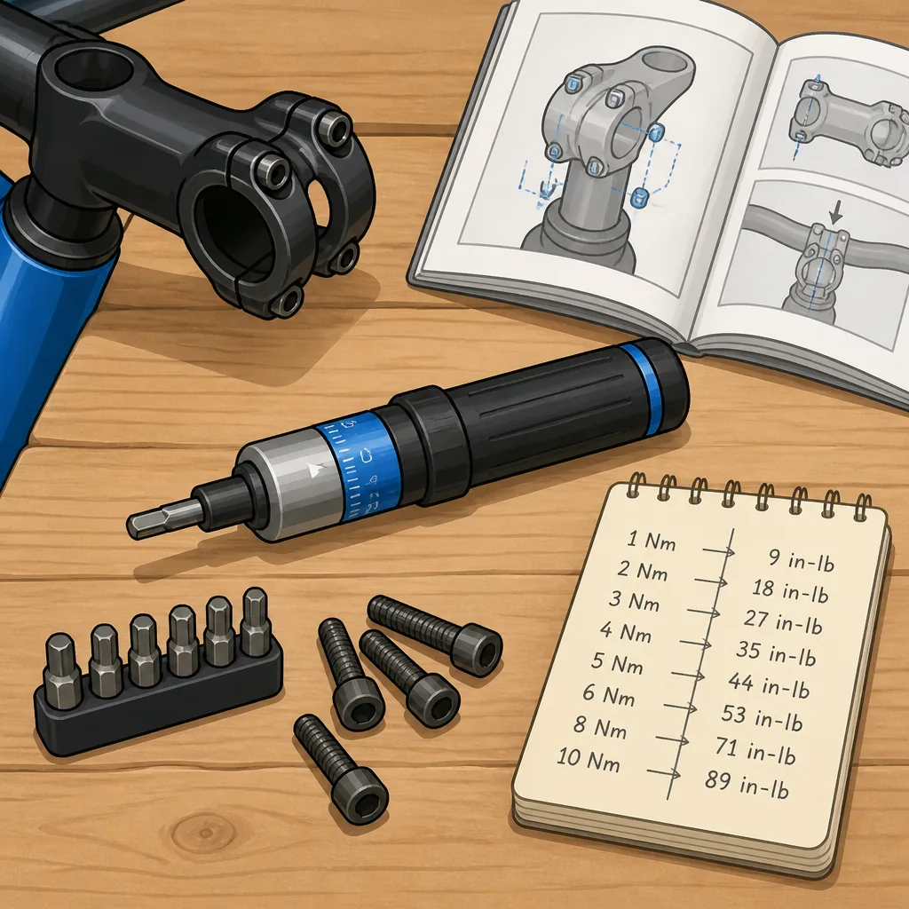 Small bicycle torque driver, hex bits, component manual, and a labeled Nm and inch-pound conversion note on a clean workbench