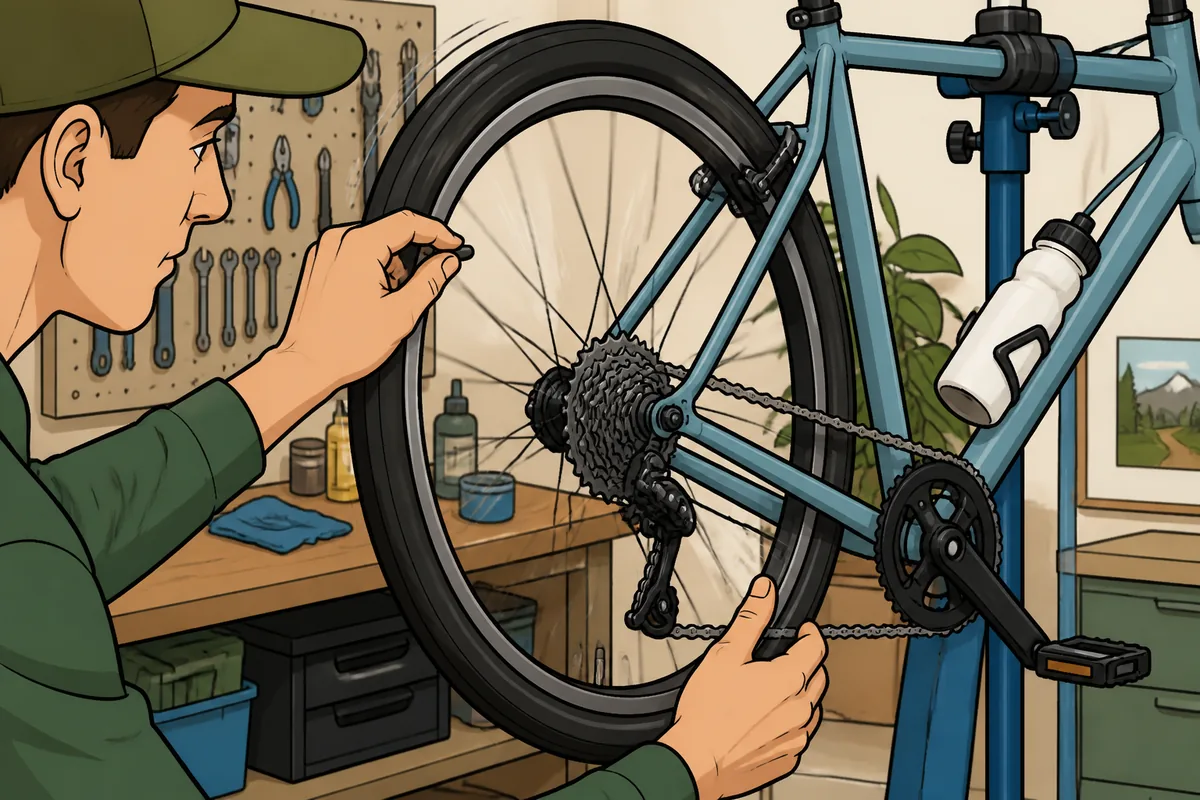 Cyclist inspecting a spinning rear bicycle wheel beside the brake pads to locate a side-to-side wobble