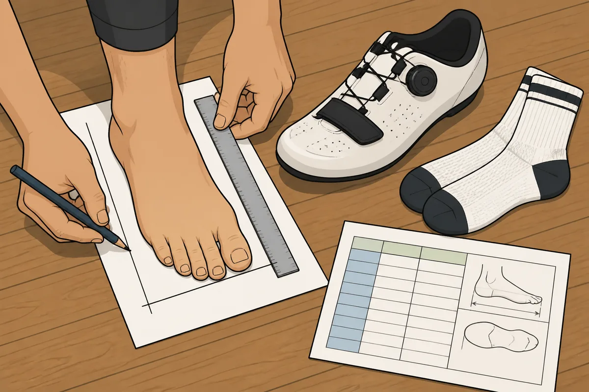 Cyclist measuring a foot beside a cycling shoe and printed size chart on a table