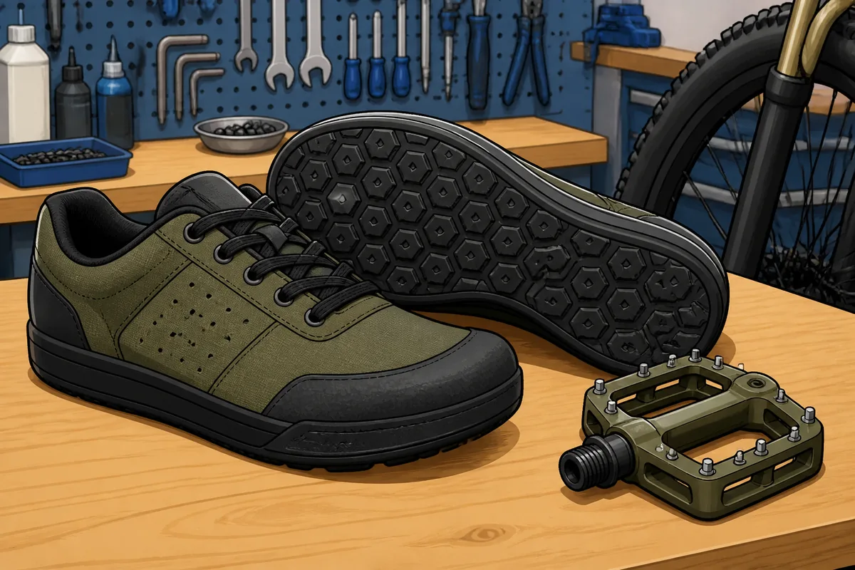 Pair of flat-pedal cycling shoes beside a platform pedal with visible pins on a workshop bench