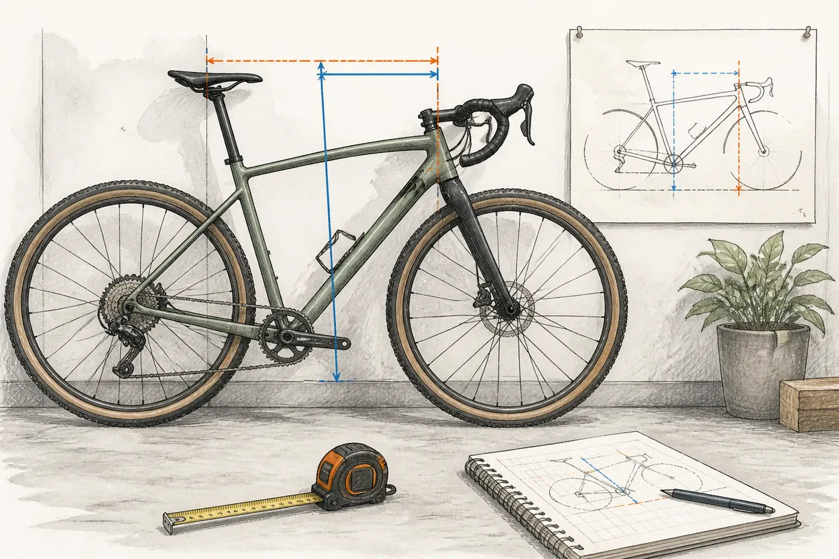 Gravel bike beside a wall with a tape measure and geometry chart showing stack and reach measurements
