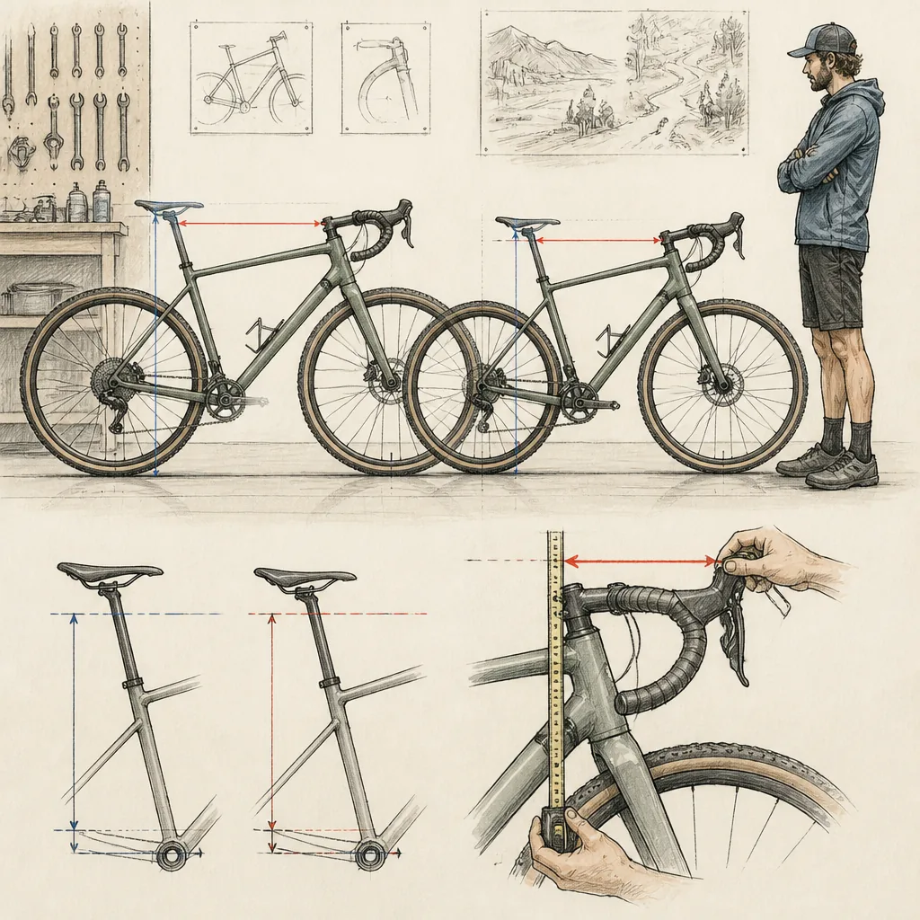 Cyclist comparing two gravel bike frames of different sizes with a tape measure and geometry notes