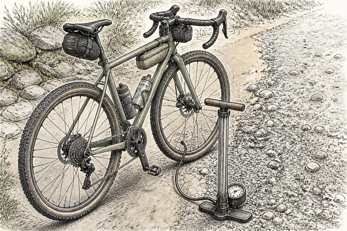 Gravel bike with wide tubeless tires and a floor pump pressure gauge beside a mixed hardpack and loose gravel trail
