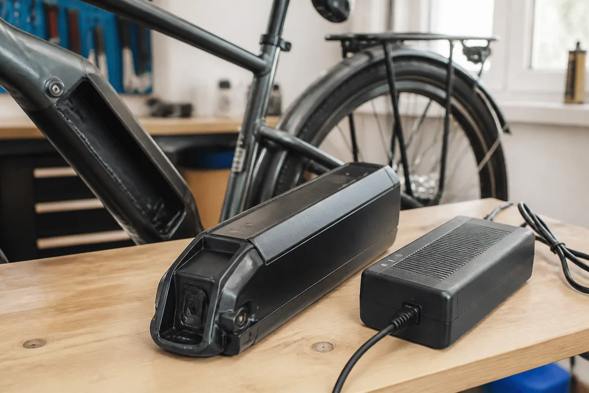 E-bike battery removed from its frame beside its charger on a clean workbench
