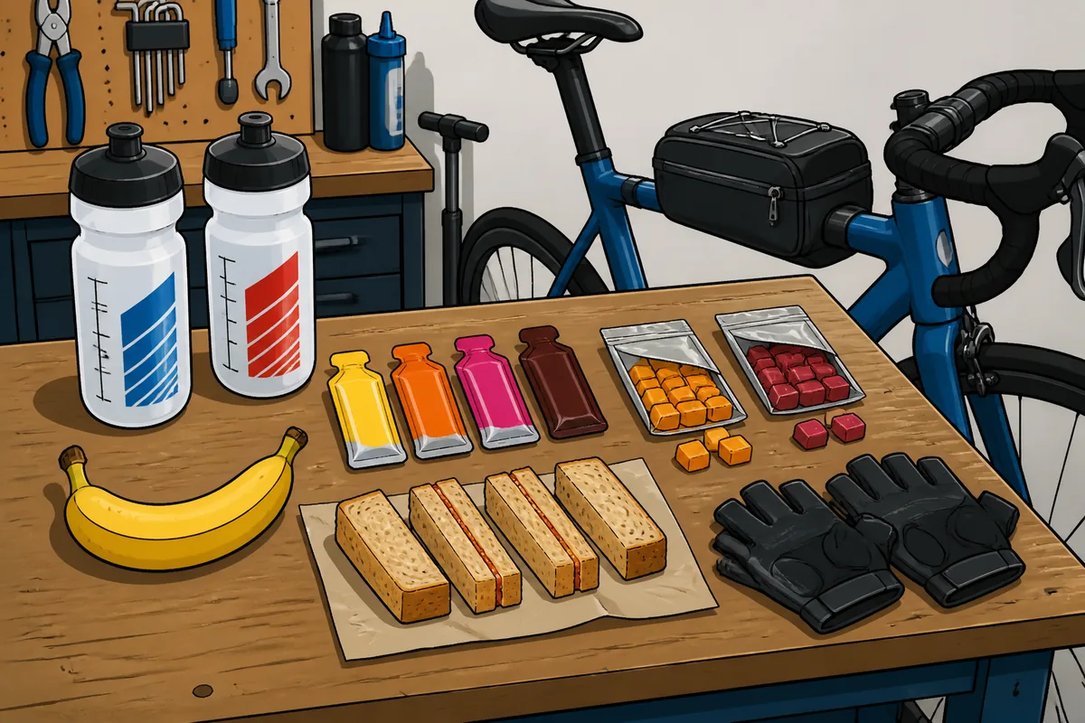 Cycling bottles, energy gels, a banana and a jam sandwich arranged beside a road bike for a long ride fueling plan
