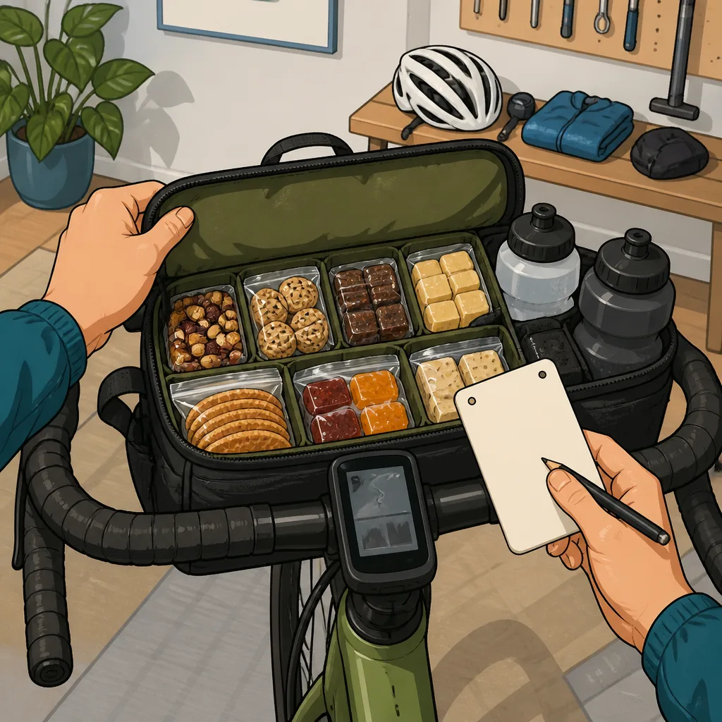 A cyclist's handlebar bag and bottles prepared with measured carbohydrate portions for a three-hour ride
