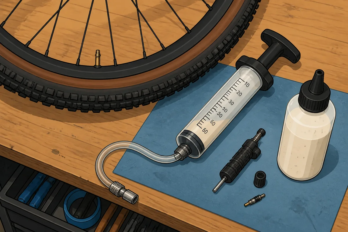 Measured tubeless sealant being added through a removable valve core into a gravel bike tire beside a graduated injector
