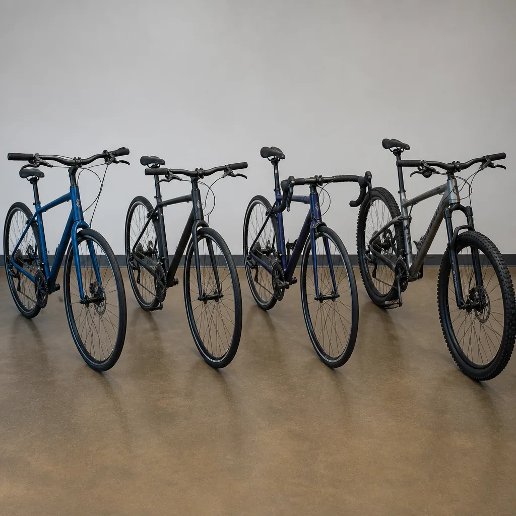 Hybrid, fitness, road and mountain bikes lined up for comparison