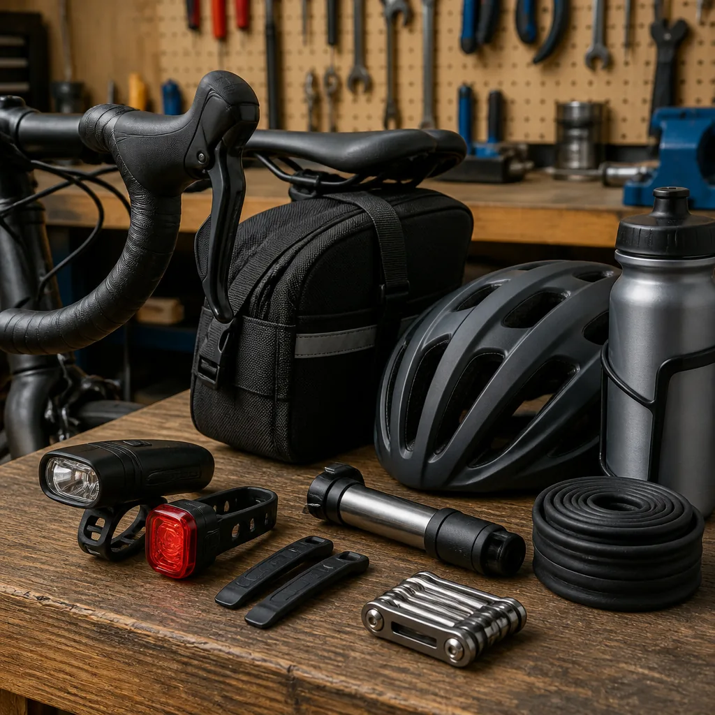 Beginner cycling equipment including a helmet, lights, pump, inner tube and multitool
