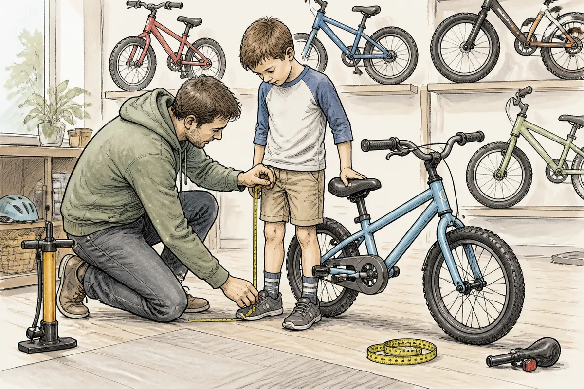 Parent checking a child's inseam and standover clearance beside a correctly sized kids' bicycle