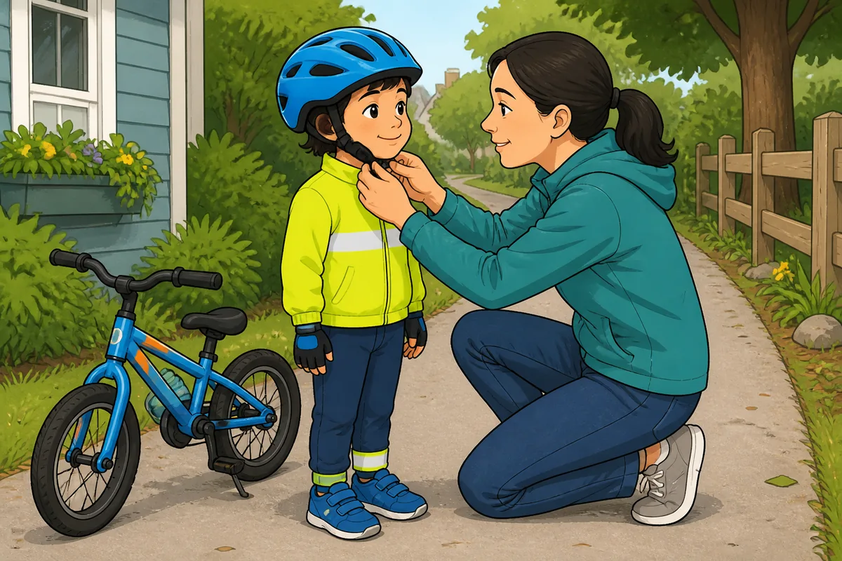 Parent checking a child's bicycle helmet straps and bright cycling clothing beside a child's bicycle