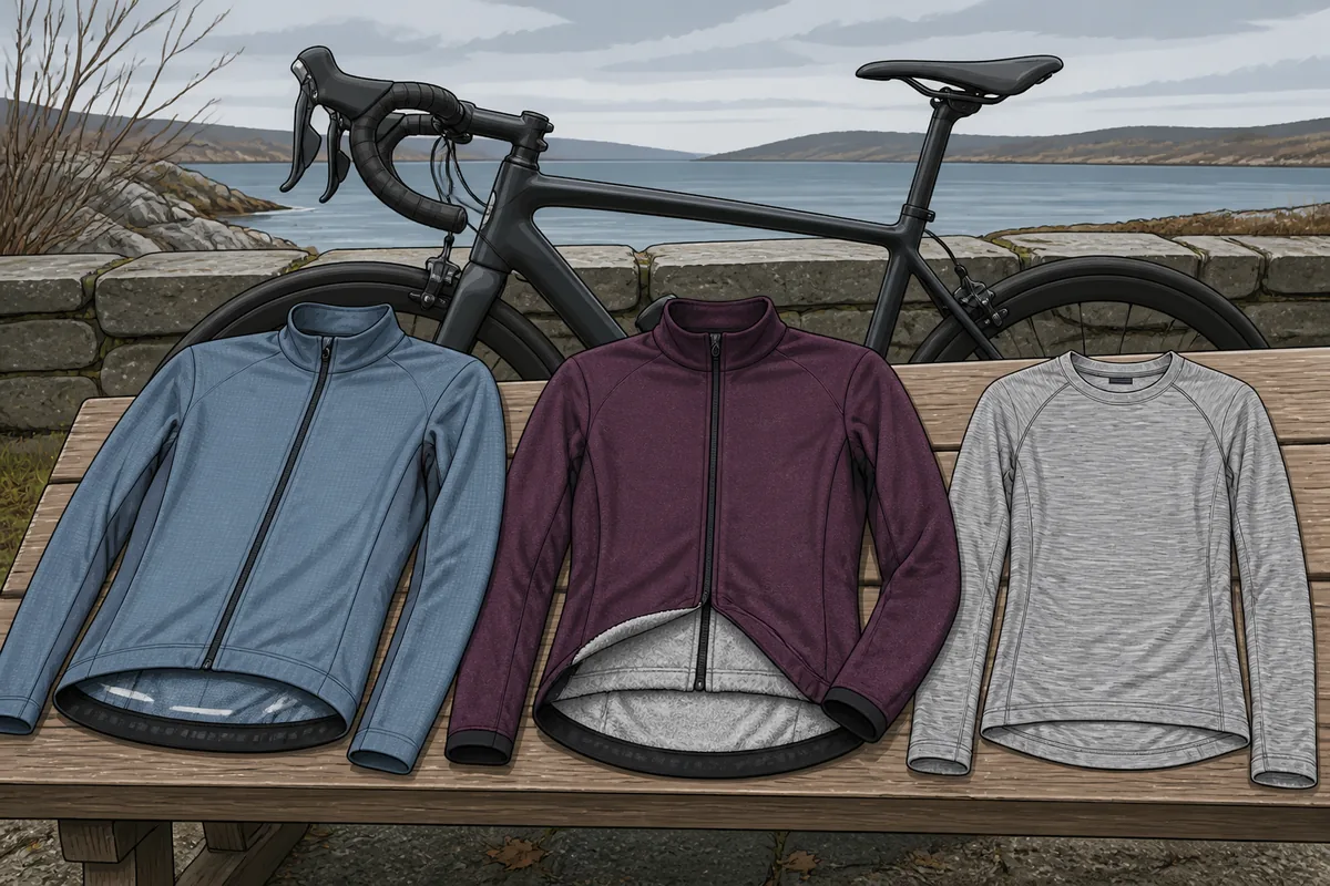 Cyclist comparing a lightweight long-sleeve cycling jersey with a thermal jersey beside a road bike on a cool overcast day