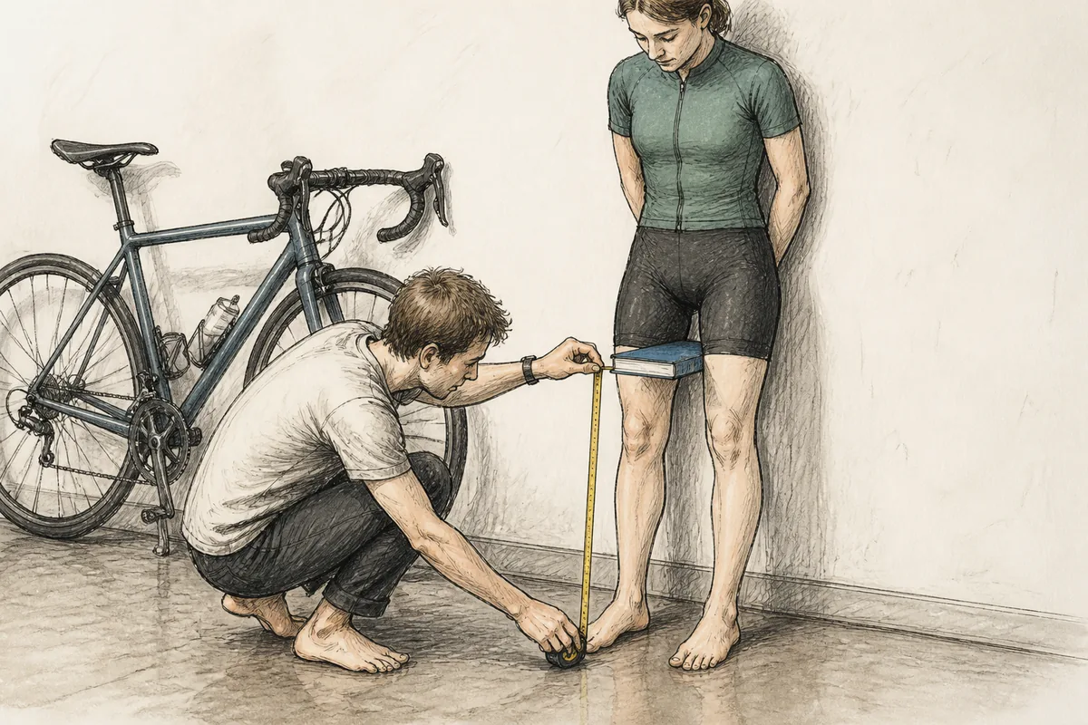 Cyclist measuring inseam against a wall with a level book and tape measure