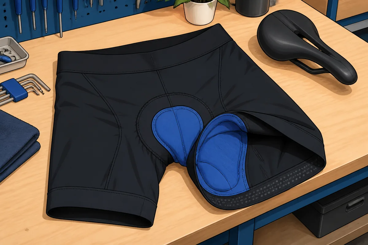 Close-up of men's padded cycling shorts laid flat beside a bicycle saddle, showing the chamois, waistband and leg grippers