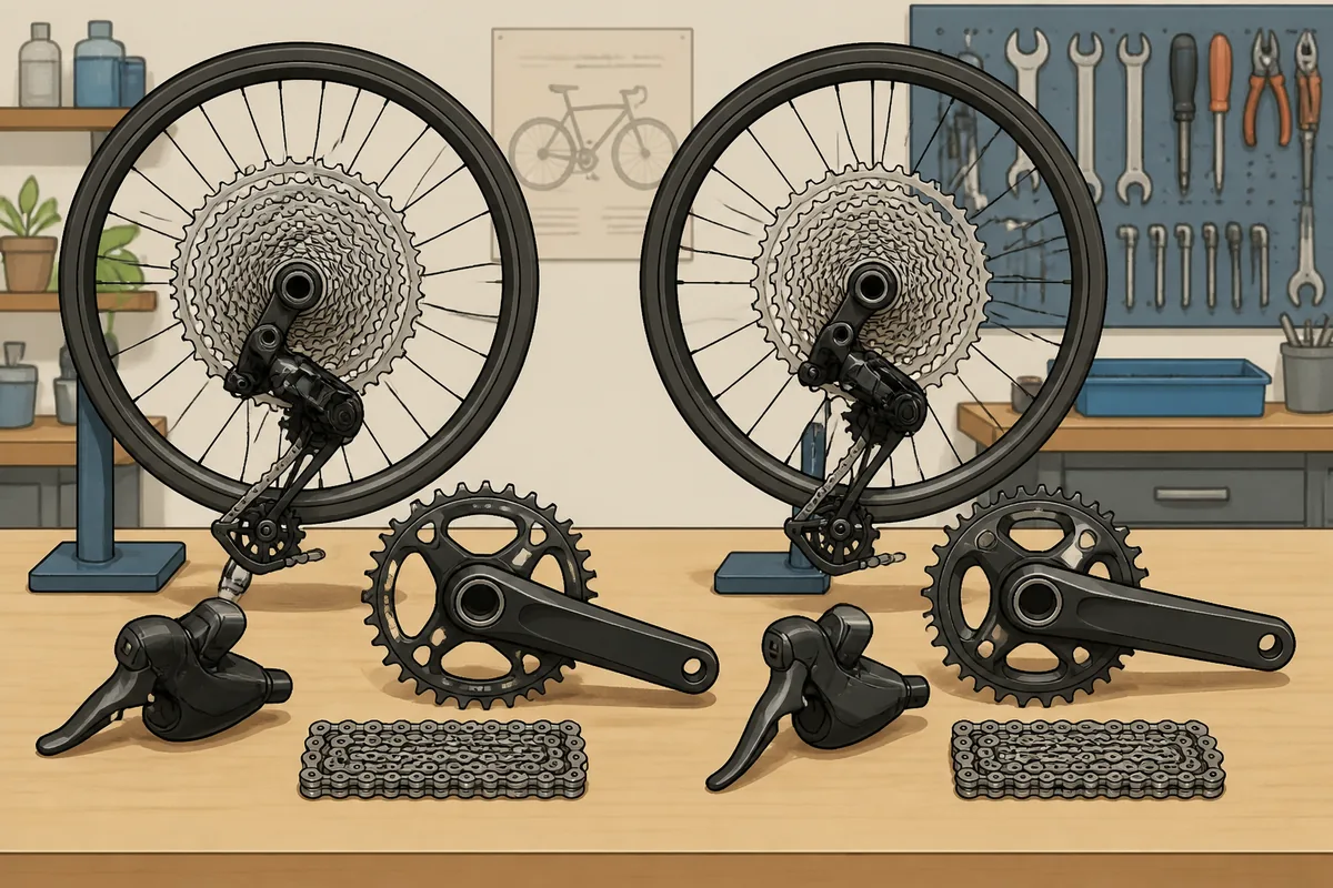 Close view of two mechanical 1x bicycle drivetrains with wide-range cassettes and clutch rear derailleurs on a workshop bench