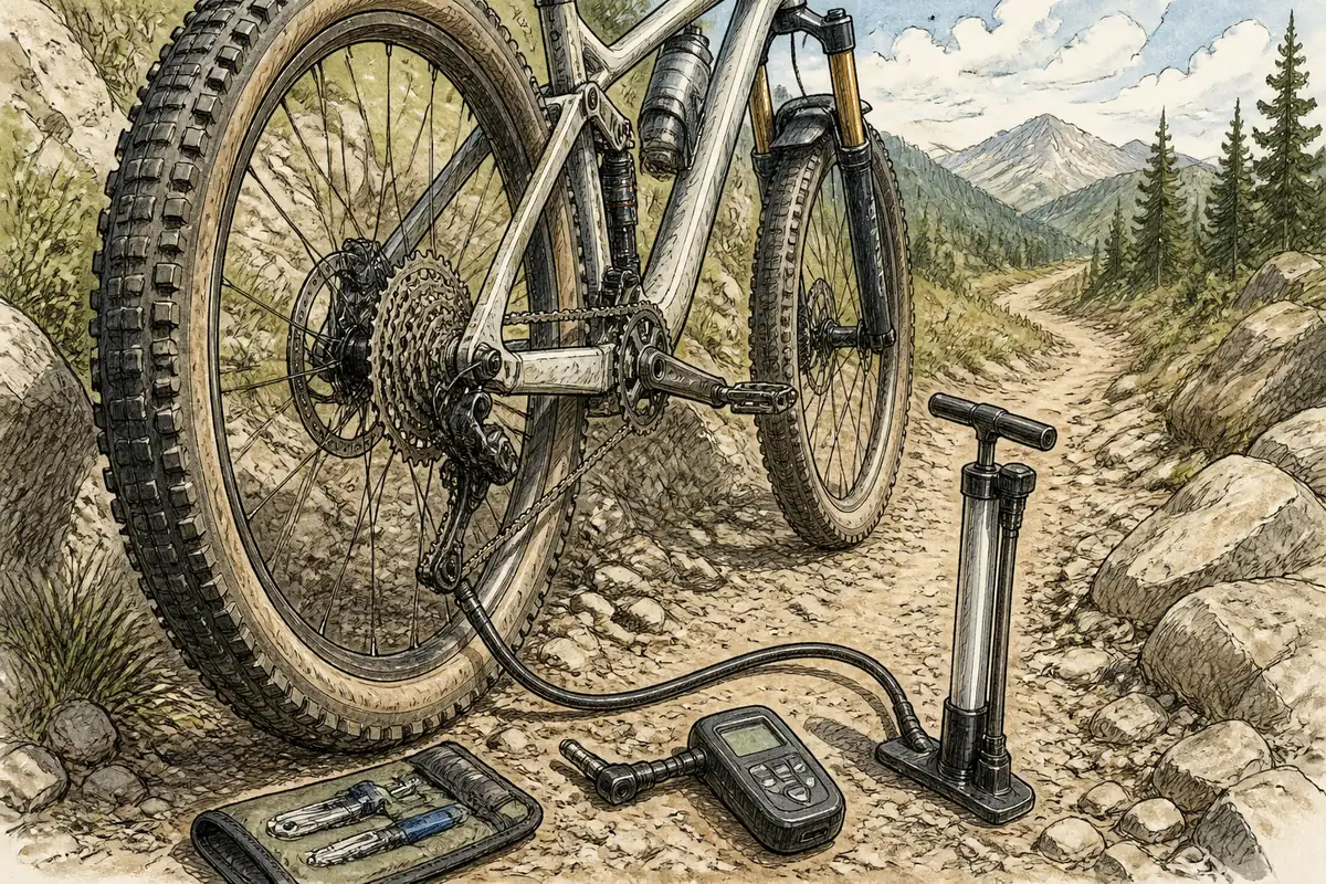 Mountain bike with wide tubeless tires and a digital pressure gauge beside a rocky trail
