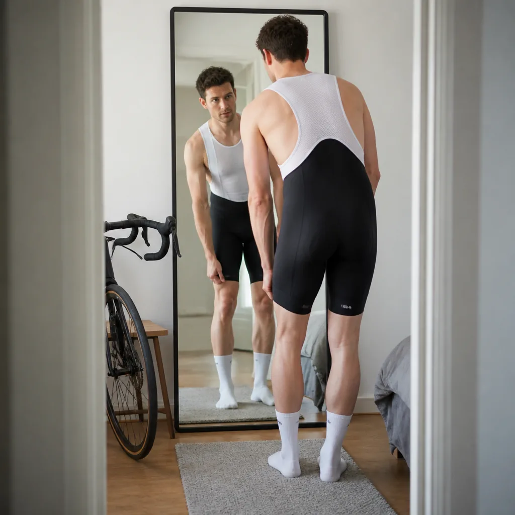Cyclist checking the fit and alignment of padded bib shorts in front of a mirror