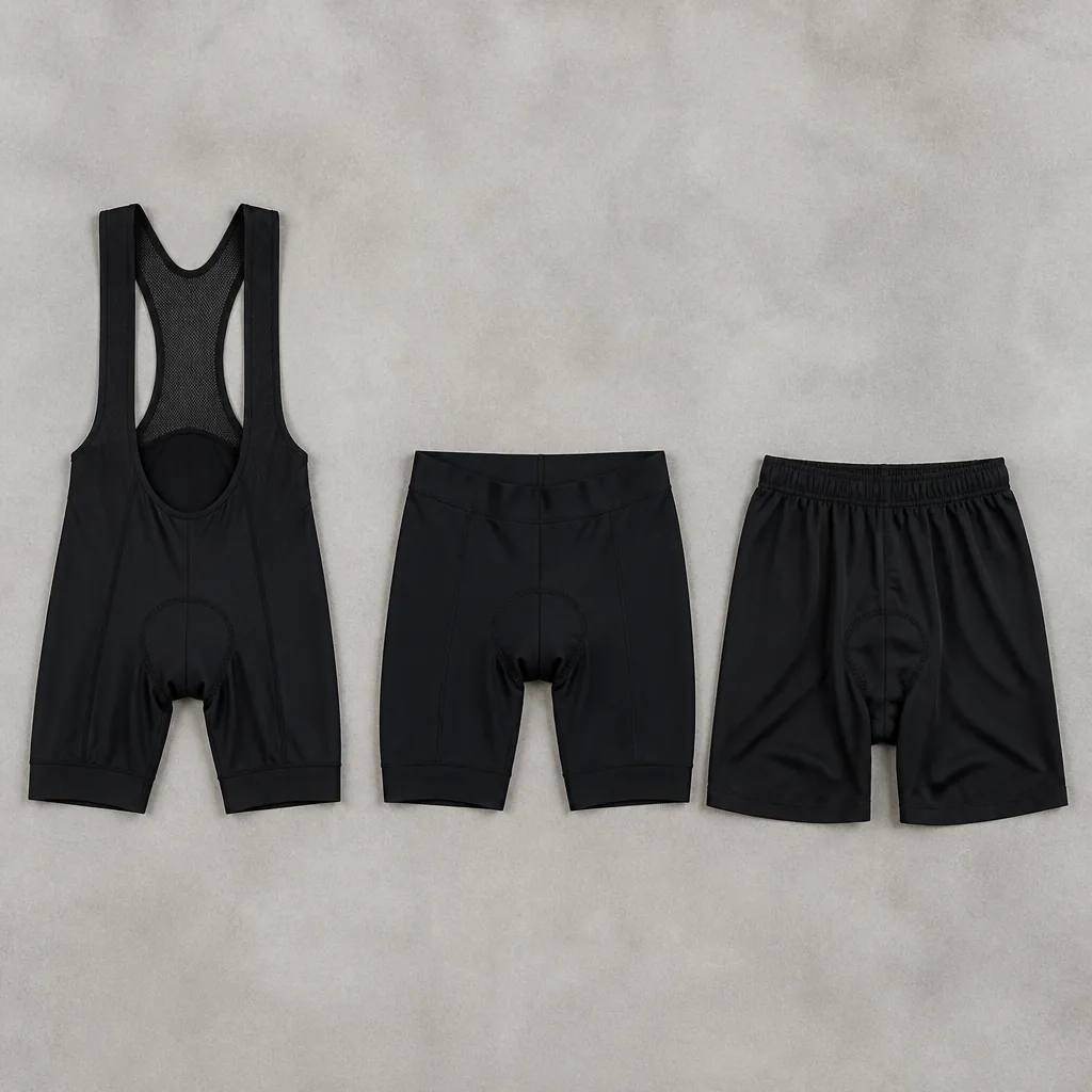 Bib shorts, waist cycling shorts and liner shorts arranged side by side for comparison