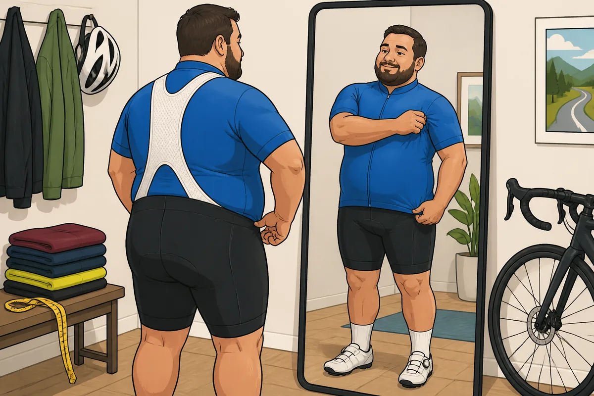Cyclist checking the fit of an extended-size cycling jersey and bib shorts in front of a mirror