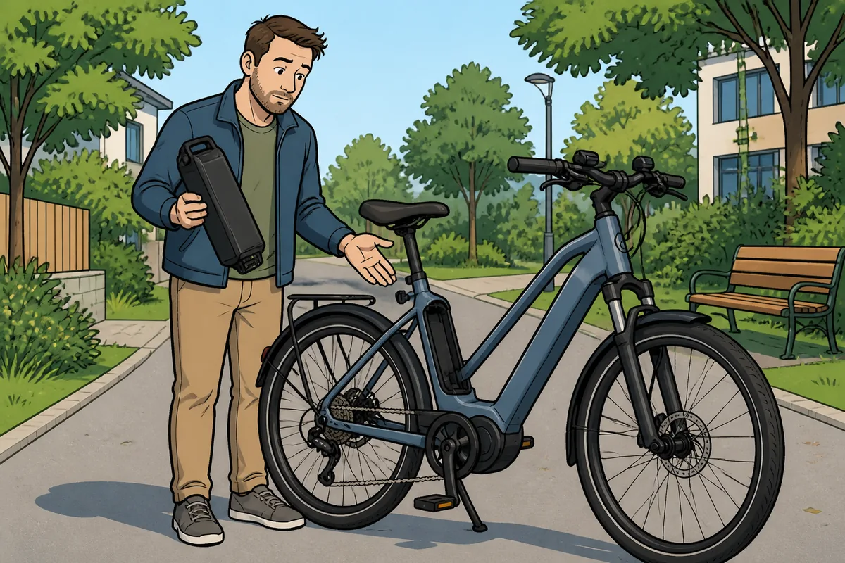 Cyclist checking an e-bike with the battery removed before riding on a quiet paved path