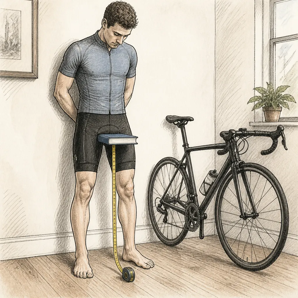 Cyclist measuring inseam with a book against a wall beside a road bike