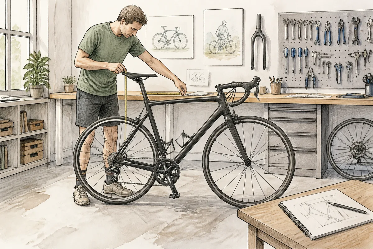 Cyclist standing beside a road bike while checking the frame size and riding position against a wall