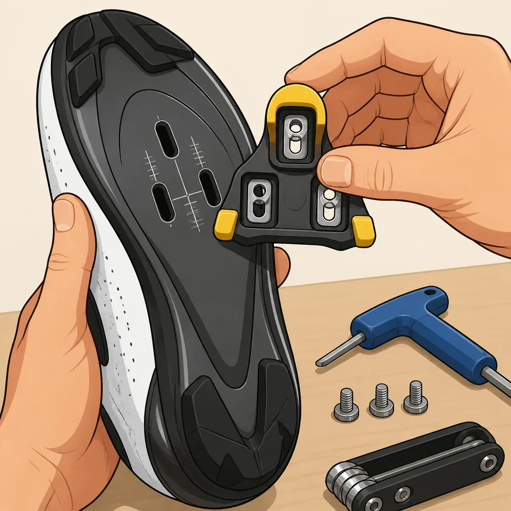 Road cycling shoe viewed from below while a three-bolt cleat is being aligned against the mounting slots