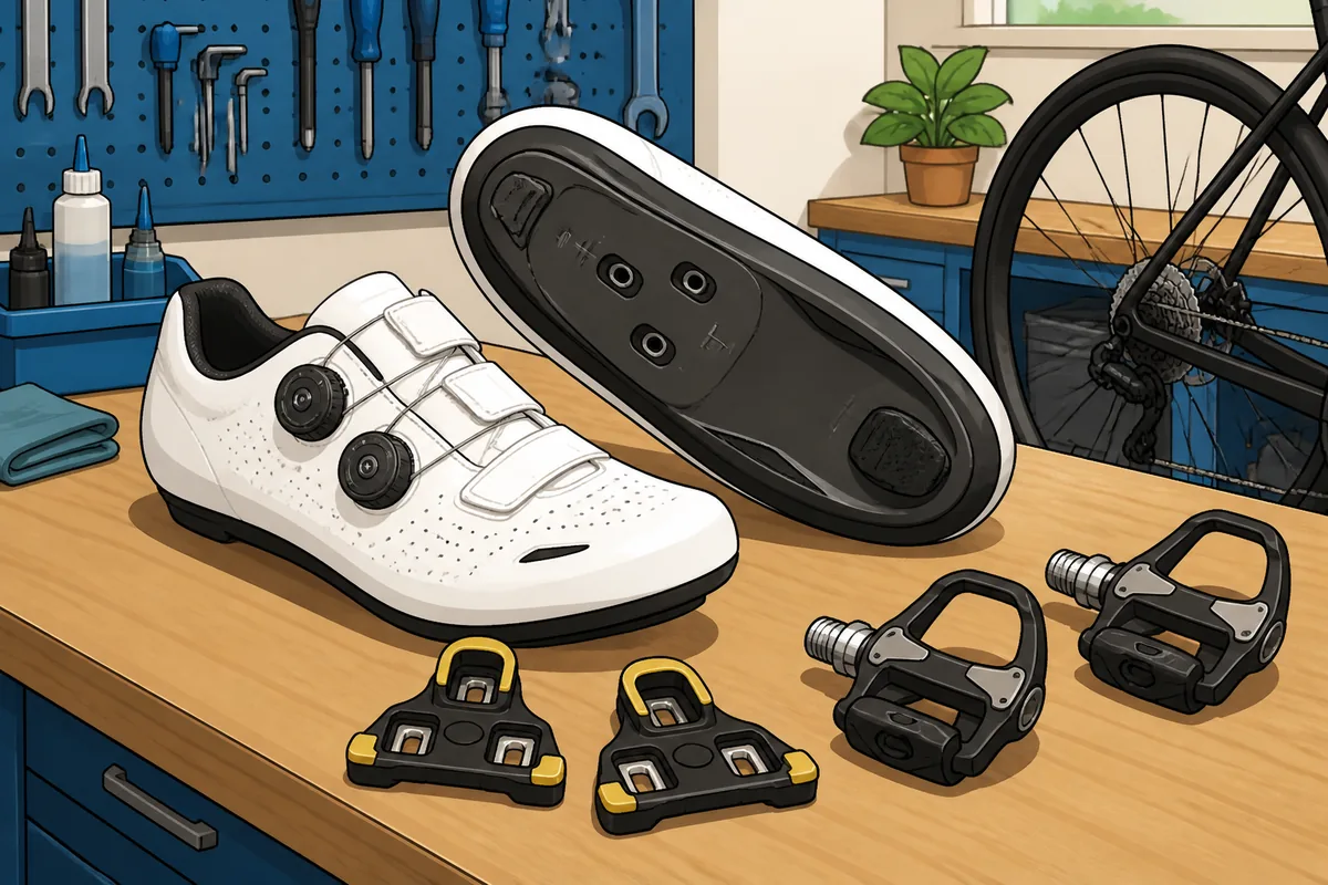 Pair of road cycling shoes beside compatible three-bolt cleats and road pedals on a clean workshop bench
