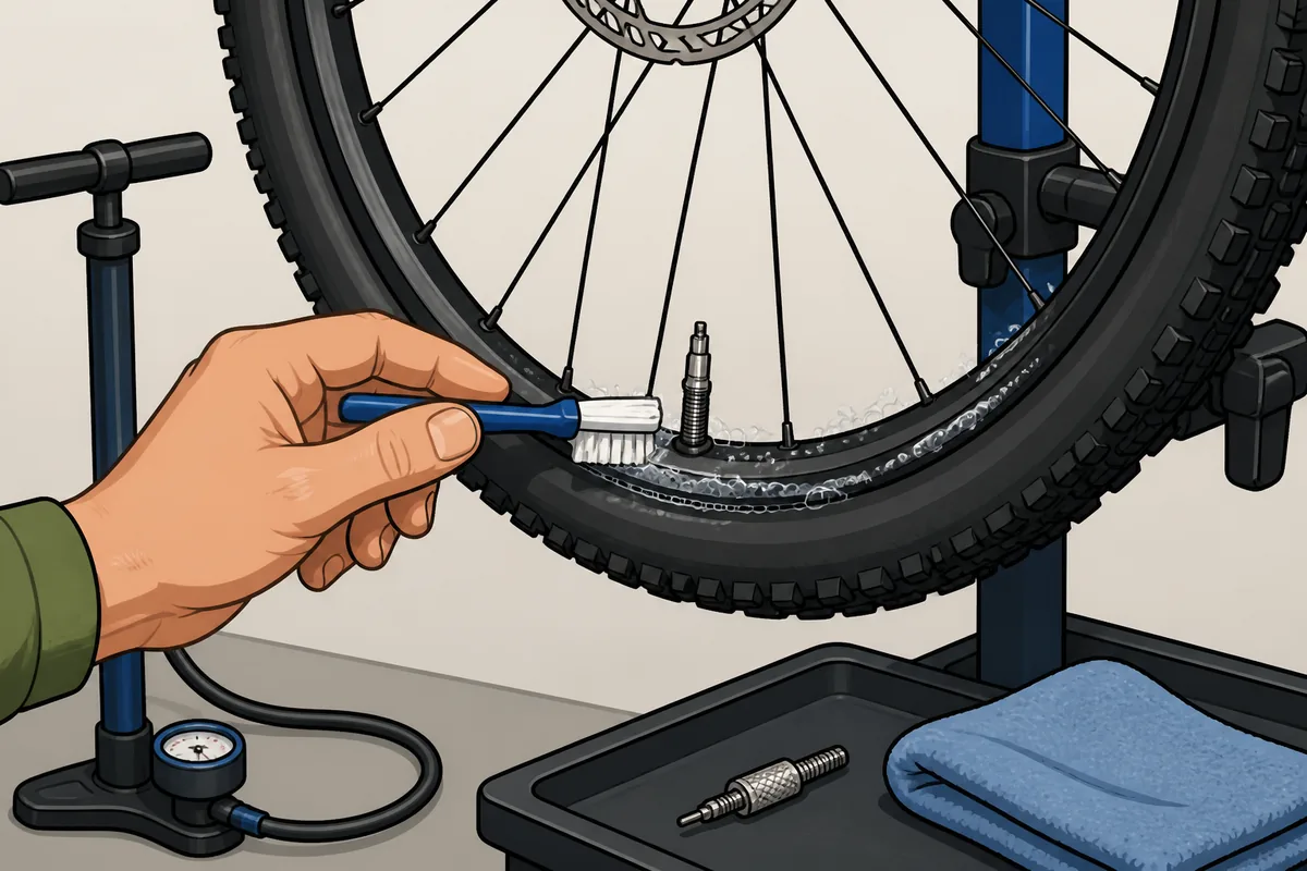 Cyclist checking a tubeless bike tire valve and bead for an overnight air leak with soapy water beside a repair stand