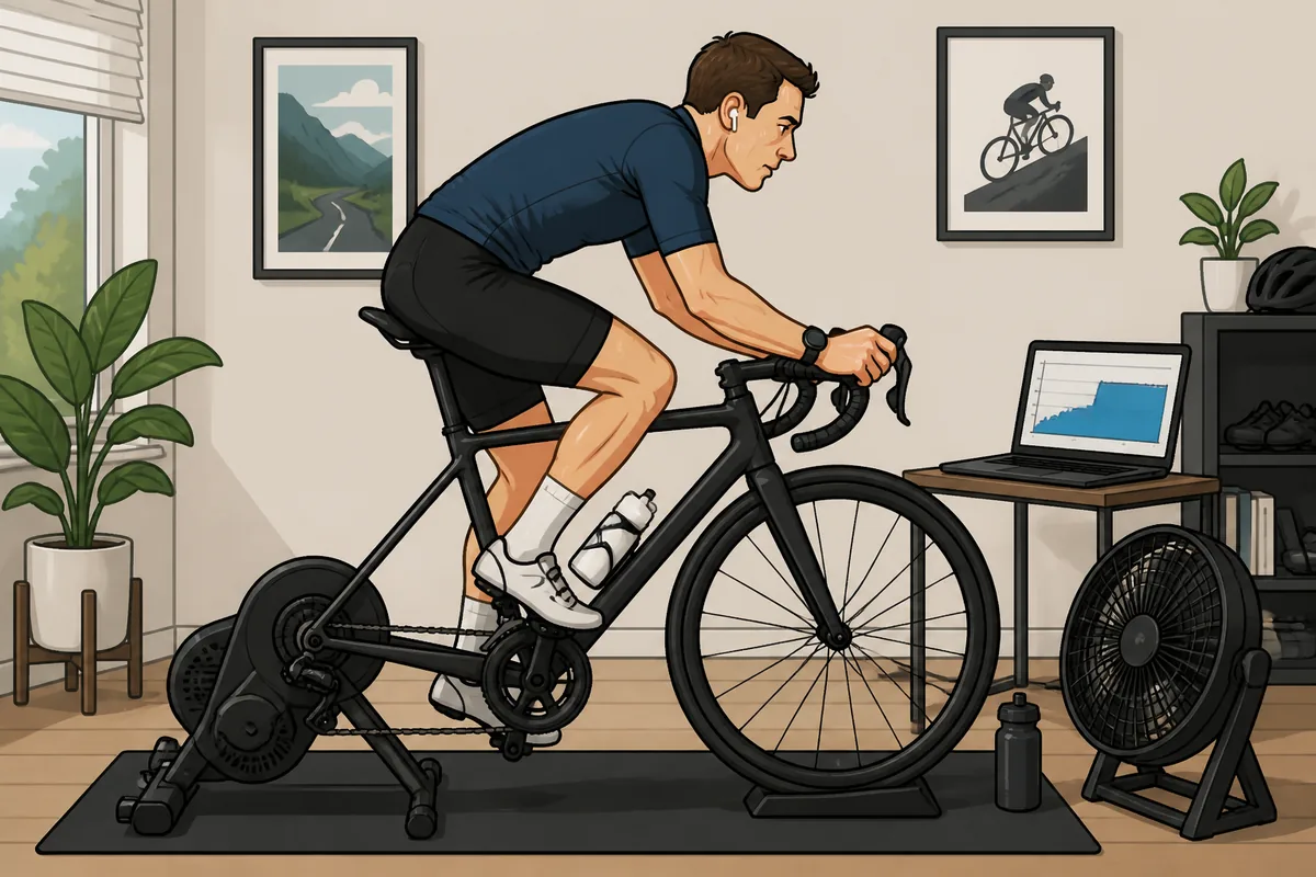 Cyclist completing a structured power test on an indoor bike trainer beside a laptop showing a power graph
