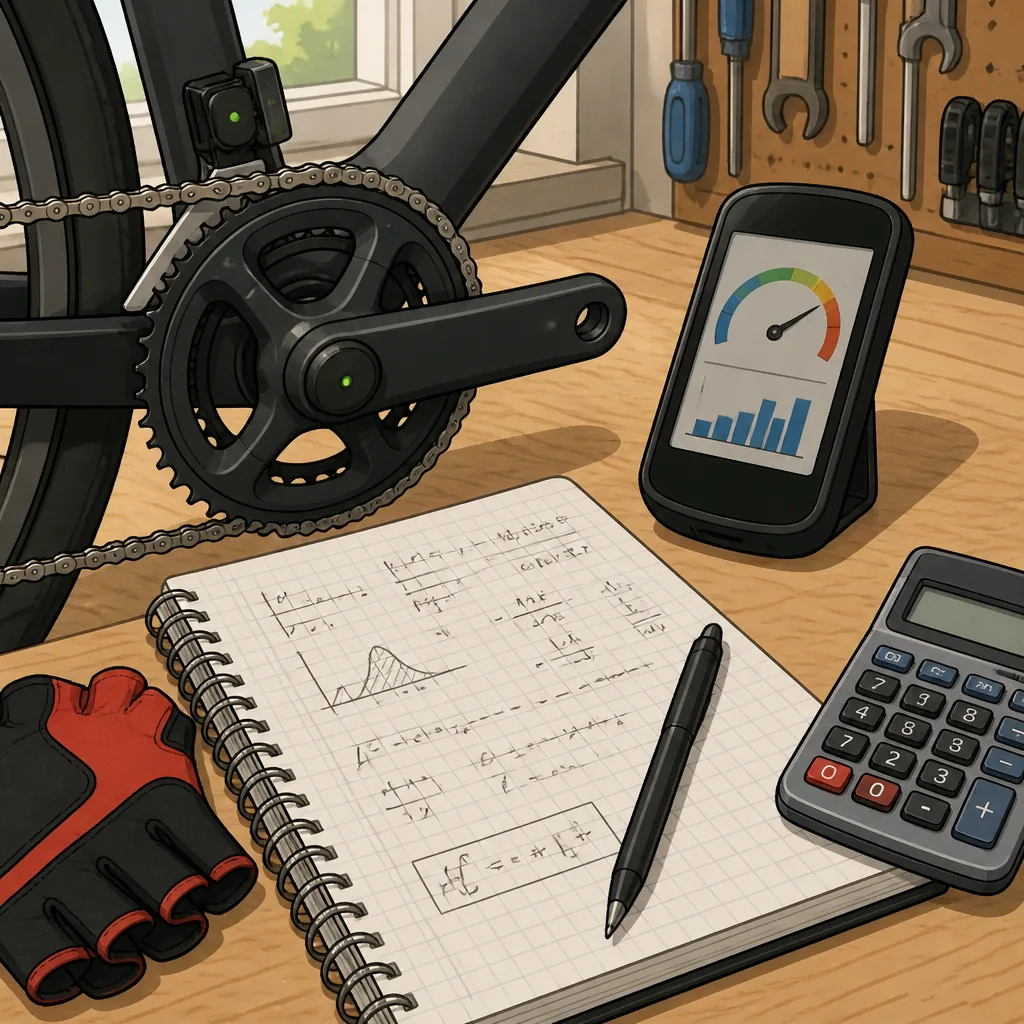 Cycling power meter display beside a notebook showing a simple FTP calculation and training zone notes