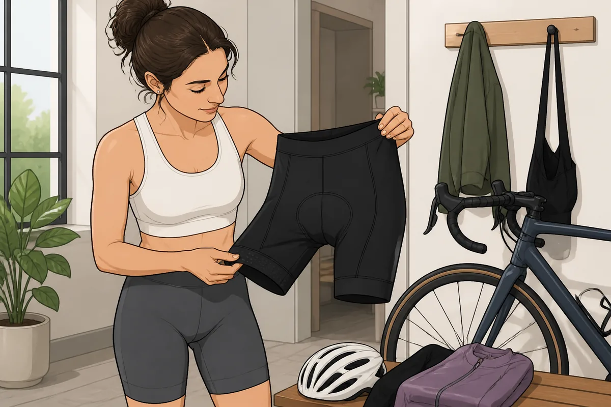 Close-up of a woman checking the fit and chamois placement of black padded cycling shorts beside a road bike