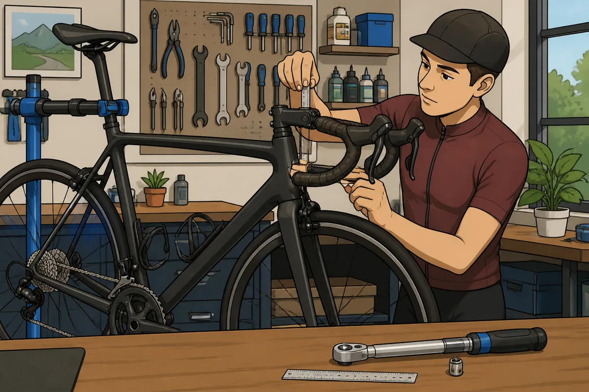 Cyclist checking road bike handlebar height by comparing the stem, headset spacers and saddle position in a workshop