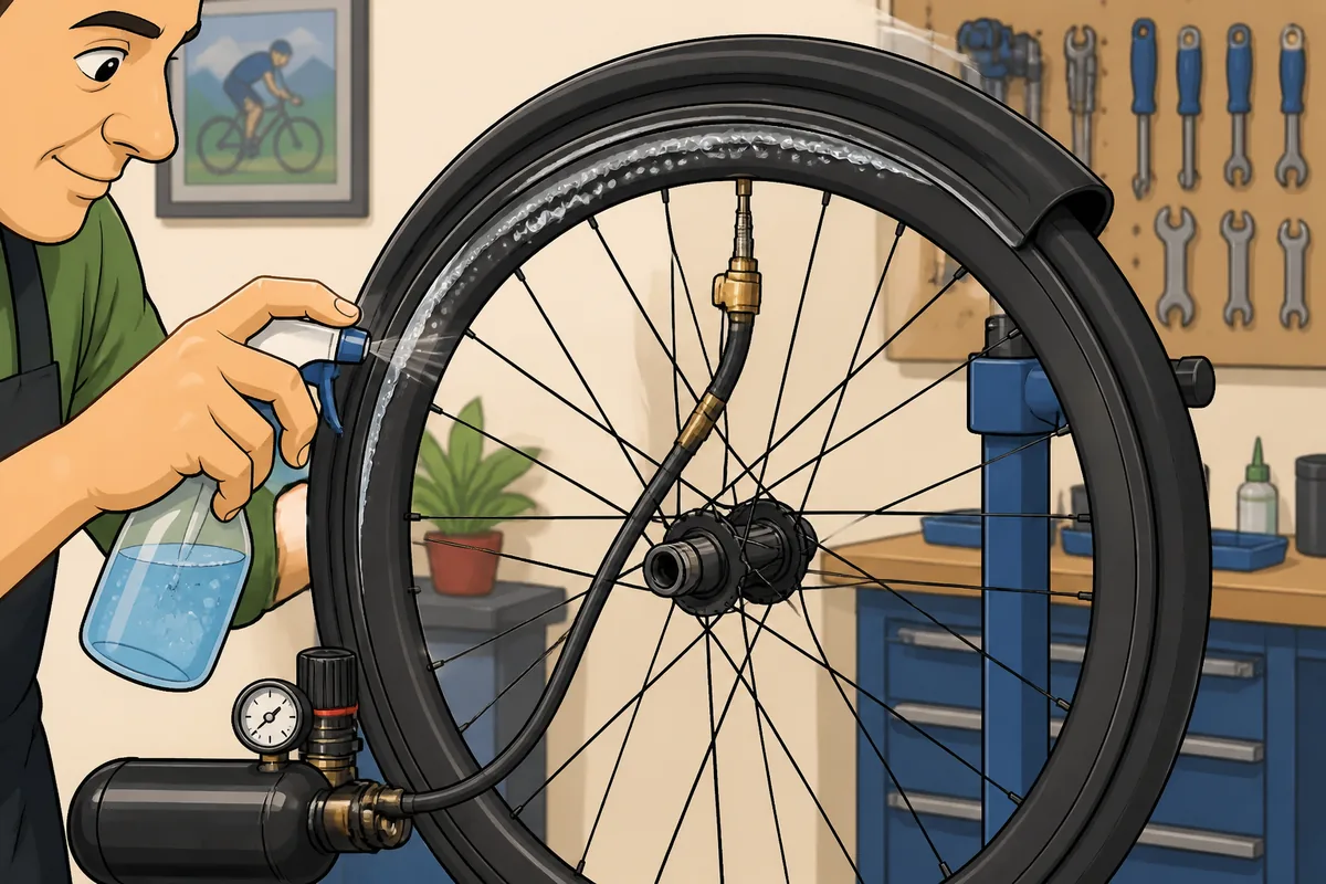 Cyclist using a tubeless inflator and soapy water to seat a road bike tire bead on a workstand