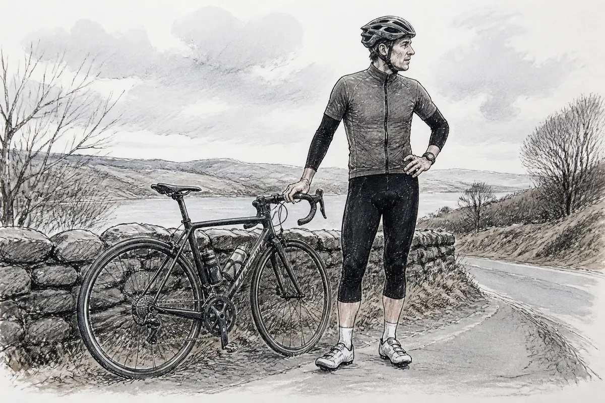 Cyclist wearing black 3/4 bib tights on a cool overcast road with the fabric ending below the knees