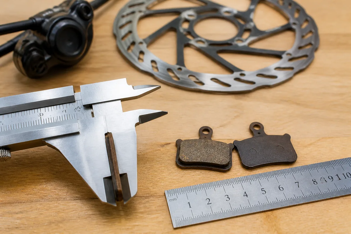 Bicycle disc brake pads measured with a vernier caliper beside a metric ruler on a workshop bench