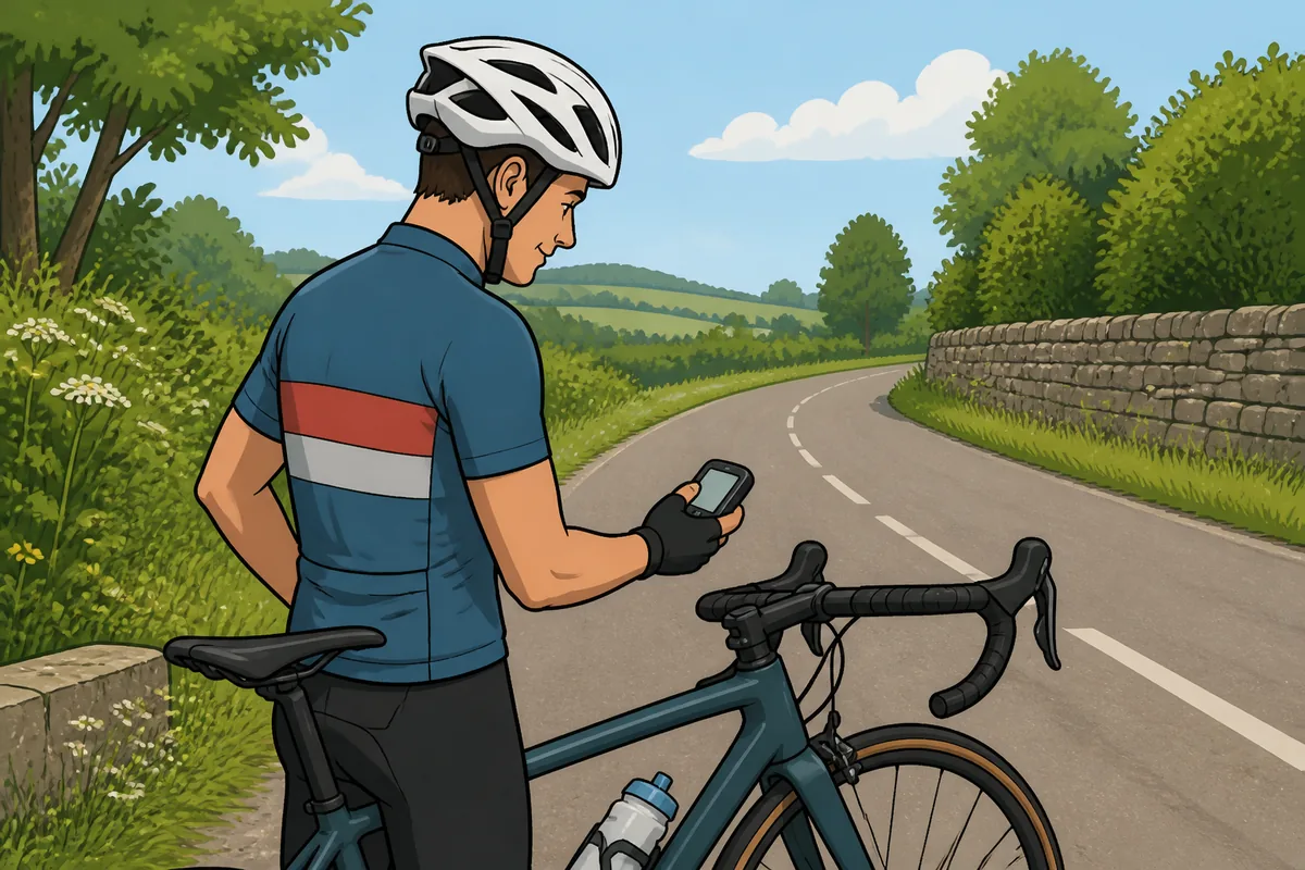 Cyclist checking a bike computer beside a road bike after a steady outdoor ride