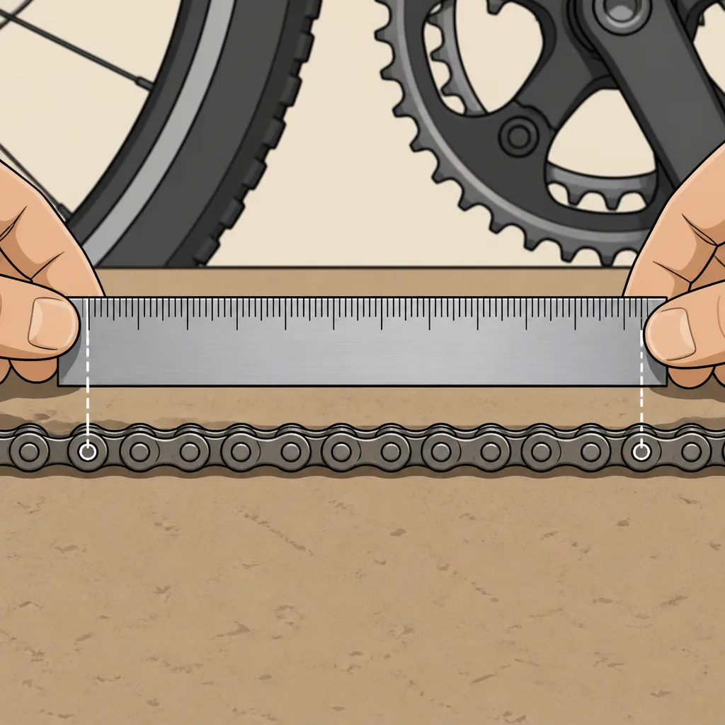 Ruler aligned from one chain rivet to another across twelve bicycle chain links