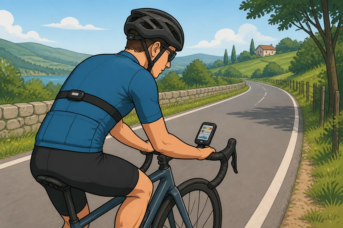Cyclist checking heart rate and power data on a bike computer during a steady road ride