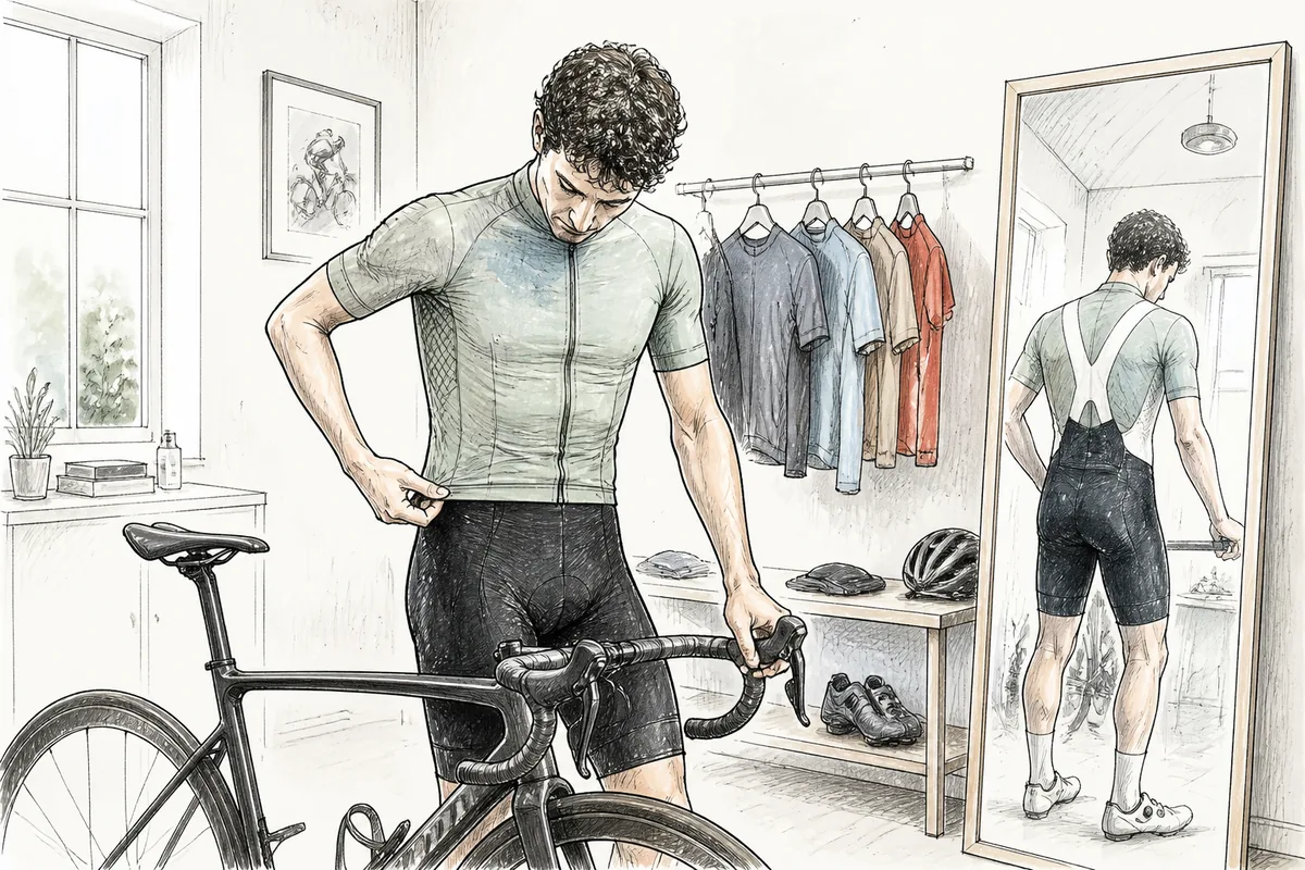 Cyclist standing beside a bike checking the fit of a zipped short-sleeve cycling jersey in a riding position
