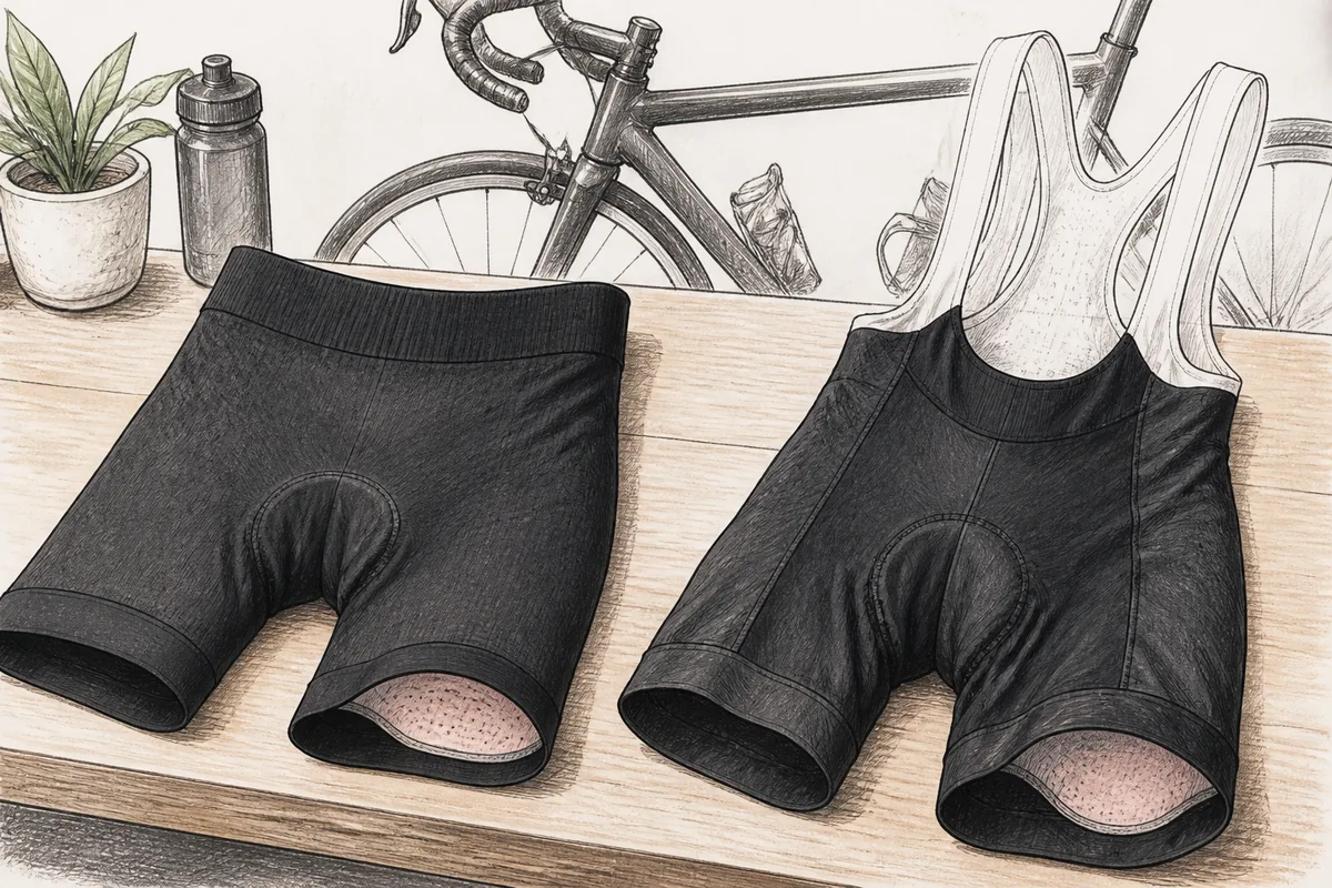 Cyclist comparing seamless padded cycling shorts with conventional panelled bib shorts beside a road bike